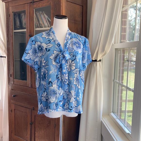 Jones Wear Blue Floral Chiffon Blouse, Size 14 - Picture 1 of 10